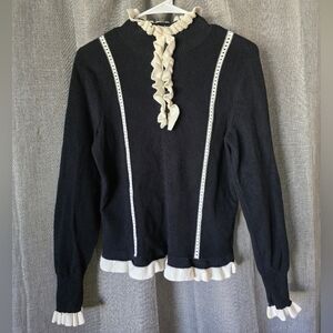 CAbi Womens Black Ribbed Ivory Ruffle Collar Adorn Sweater Knit Top Size M